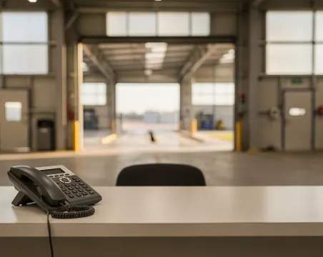 Teléfono fijo sobre el mostrador vacío de una estación de ITV, con la puerta de la nave al fondo