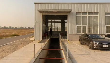 Nave de una estación de inspección junto a una carretera comarcal, con el campo al fondo y dos turismos aparcados