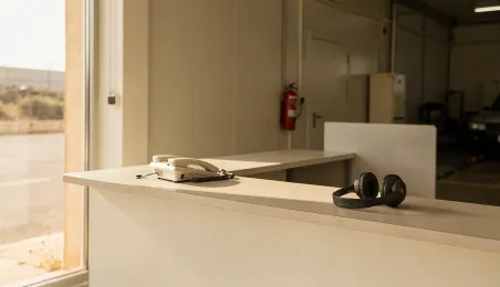 Mostrador de recepción con el teléfono fijo y unos auriculares apoyados, con luz de mañana entrando por la cristalera