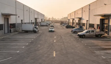 Avenida de un polígono industrial vista desde el aparcamiento de una estación, con otras naves al fondo