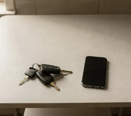 Llaves de un coche y un móvil sobre la mesa de una cocina a primera hora